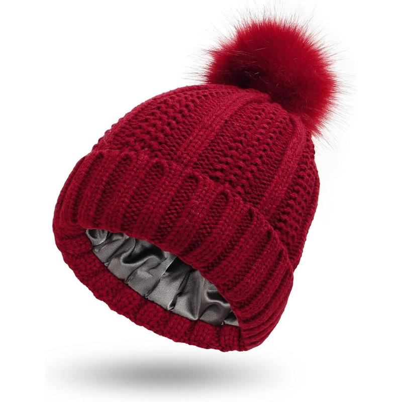 Luxurious Satin-Lined Winter Beanie with Faux Fur Pom-Pom: Cozy Knit Skull Cap for Women - Stay Warm and Stylish