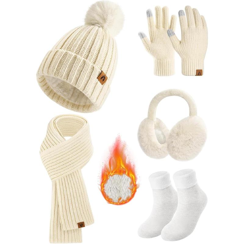 Winter Beanie Hats Scarf Gloves Ear Muffs Fuzzy Socks 5 count Set for Women Cold Weather Beanies Touch Screen Gloves