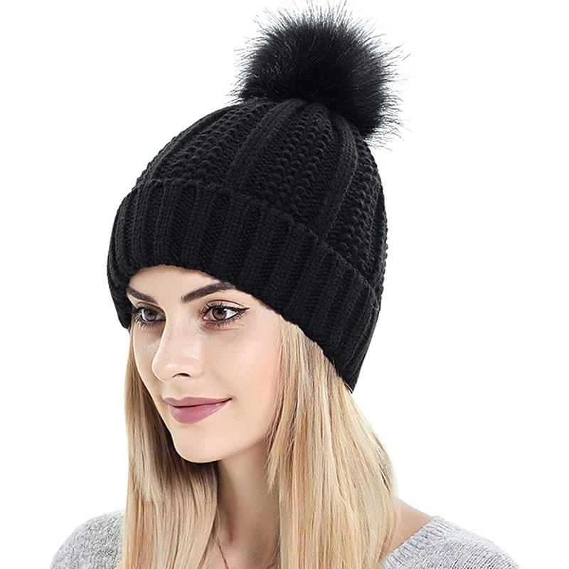 Luxurious Satin-Lined Winter Beanie with Faux Fur Pom-Pom: Cozy Knit Skull Cap for Women - Stay Warm and Stylish