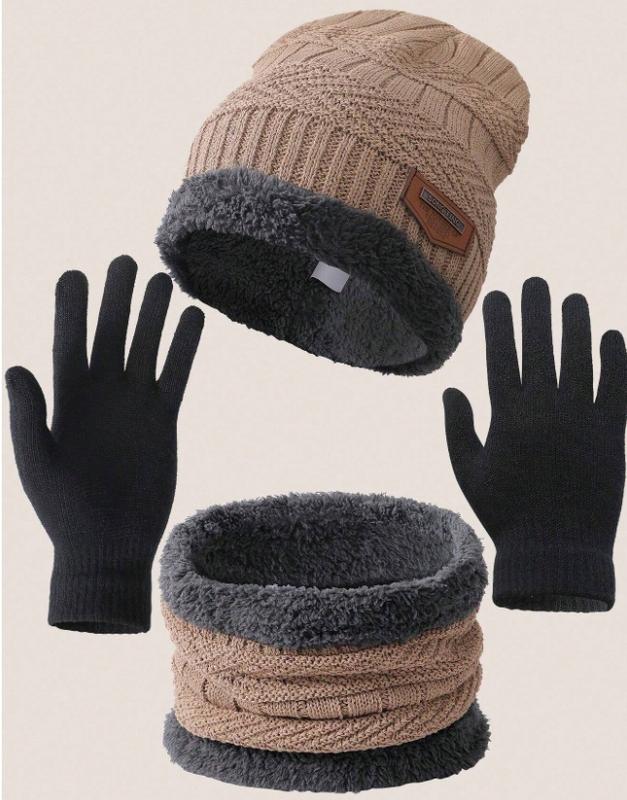 Suit Winter Knit Beanie Hat Neck Warmer Scarf And Gloves Elastic Double-Layer Warm Hat+Scarf+Gloves Combination Suitable For Winter Warmth, Christmas Gift, New Year Gift, Outdoor Warmth Set Lining Color Is Random