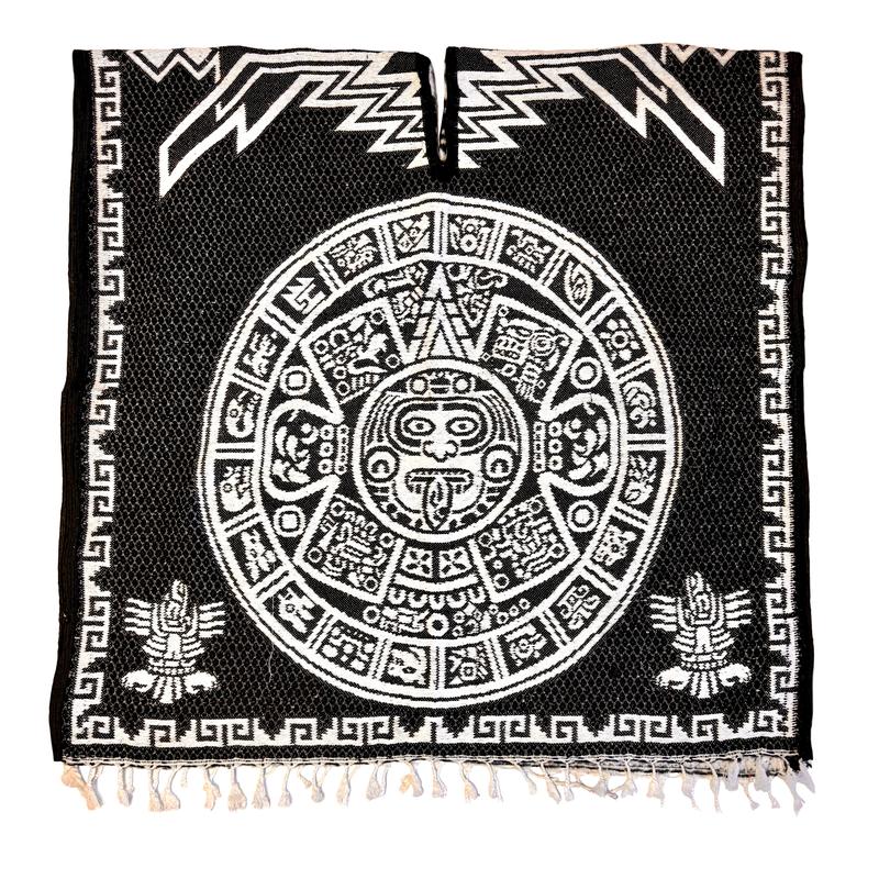 Mexican Poncho Gabanes Aztec Warrior Design- Black