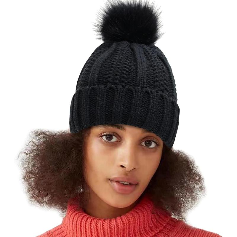 Luxurious Satin-Lined Winter Beanie with Faux Fur Pom-Pom: Cozy Knit Skull Cap for Women - Stay Warm and Stylish