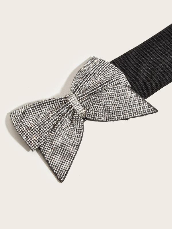 Women's Elegant Bow Decor Rhinestone Decorated Wide Belt, Fashionable Elastic Waistband for Casual Outfits