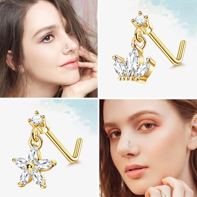 ORAZIO 9 count Dangle Nose Rings L Shaped for Women 20G Stainless Steel Nose Rings Studs CZ Cross Crown Flower Heart Dangling Nose Rings Piercing Jewelry