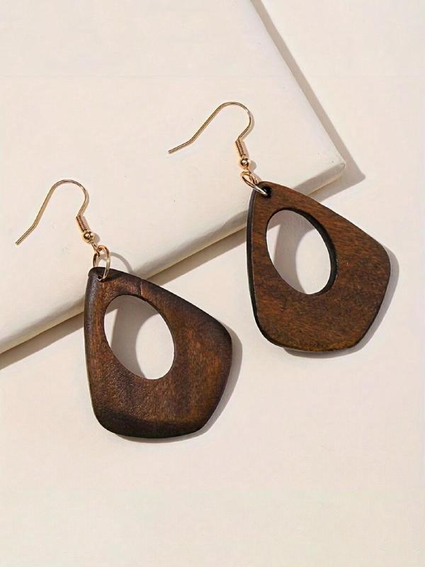 Wooden Dangle Earrings, Boho Style Hollow Out Geometric Design Earrings, Fashion Jewelry Accessories for Women & Girls