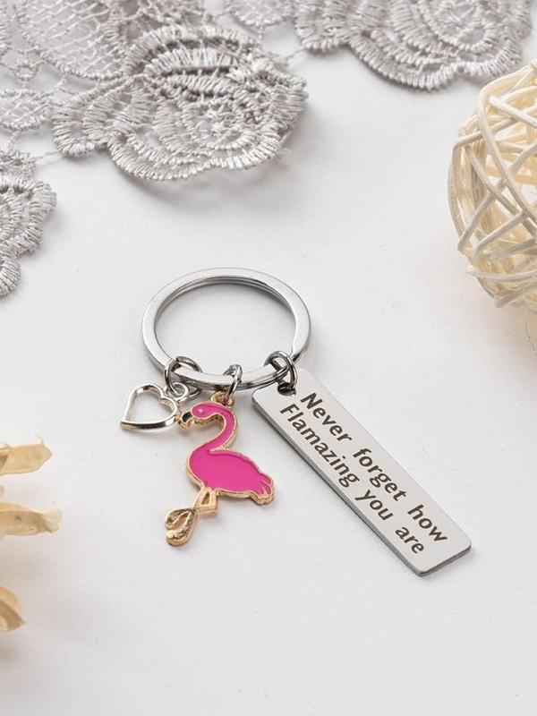 Fashionable Flamingo & Heart Design Keychain, Stainless Steel Keychain for Women & Men, Trendy All-match & Exquisite Keychain for Birthday Gift