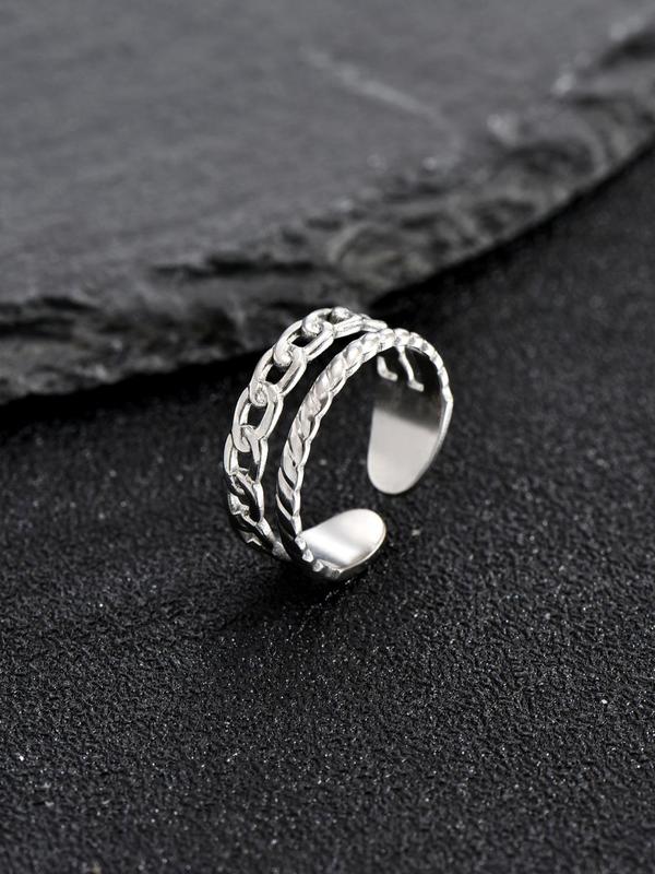 Double Layer Chain Decor Cuff Ring, Adjustable Ring for Men & Women for Party, Daily Clothing Decor, Trendy Stainless Steel Jewelry for Birthday Gift