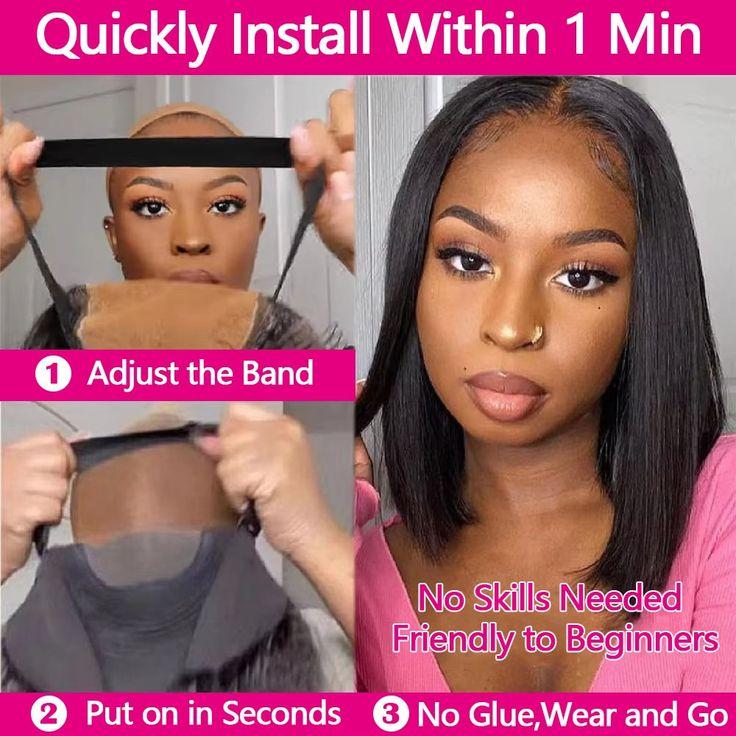 12 Inch Straight Glueless Bob Wig Wear And Go 4x4 Pre Cut Lace Closure Glueless Wig For Black Women Human Hair Easy To Install