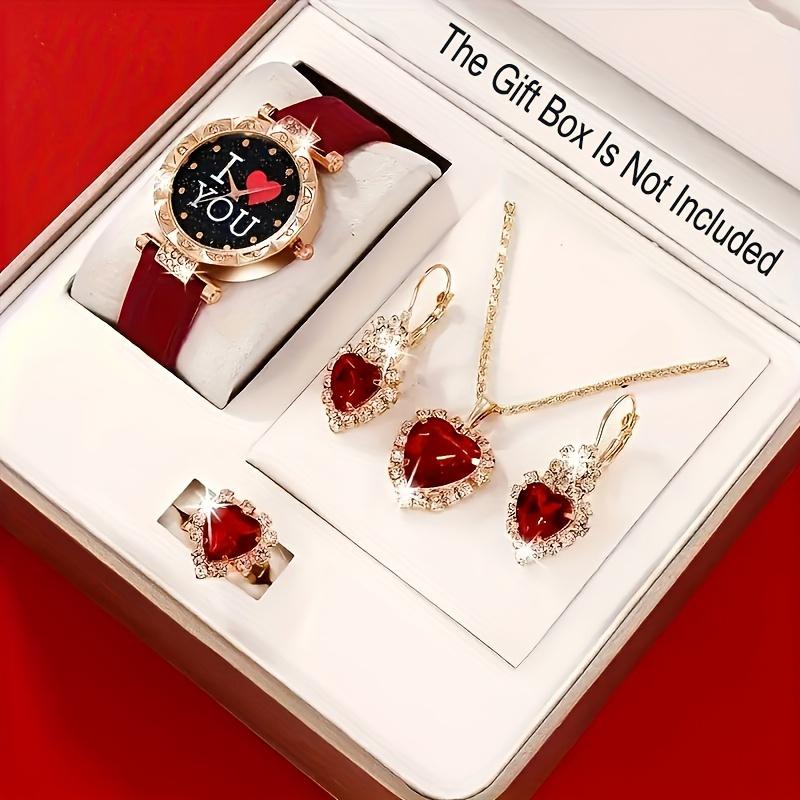 5pcs set Luxury Heart-Shaped Quartz Watch and Jewelry Set - Sparkling Rhinestone Accents, Analog Display, Valentine's Day Gift Idea for Her, Women's Fashion Accessory, Romantic Present