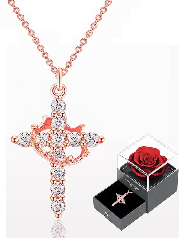 Rhinestone Crown & Cross Pendant Necklace with Rose Gift Box, Fashion Jewelry for Party, Daily Clothing Decor, Trendy All-match & Exquisite Jewelry for Birthday Gift