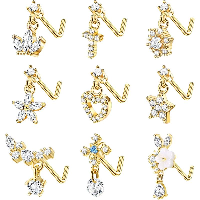 ORAZIO 9 count Dangle Nose Rings L Shaped for Women 20G Stainless Steel Nose Rings Studs CZ Cross Crown Flower Heart Dangling Nose Rings Piercing Jewelry