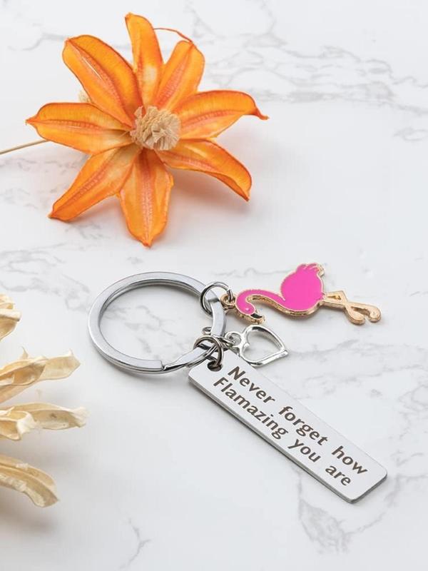 Fashionable Flamingo & Heart Design Keychain, Stainless Steel Keychain for Women & Men, Trendy All-match & Exquisite Keychain for Birthday Gift