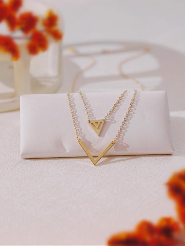 Women's Elegant Triangle & Letter V Design Layered Necklace, Exquisite Trendy Layered Necklace, Chic All-match Vintage Jewelry As Gift for Girlfriend