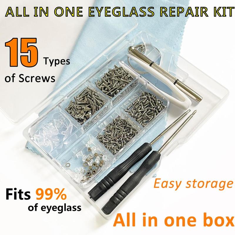 Eyeglass Repair Kit with Screws, 15 Types Screws for Eyeglasses - Frame Screws, Hinge Screws, Nose Pads Screws -  Eye Glasses Repairing Kit Tool