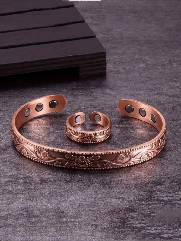 Vintage Flower Pattern Bangle & Open Ring, Adjustable Magnetic Bangle & Open Ring, Fashion Jewelry Accessories for Women & Men