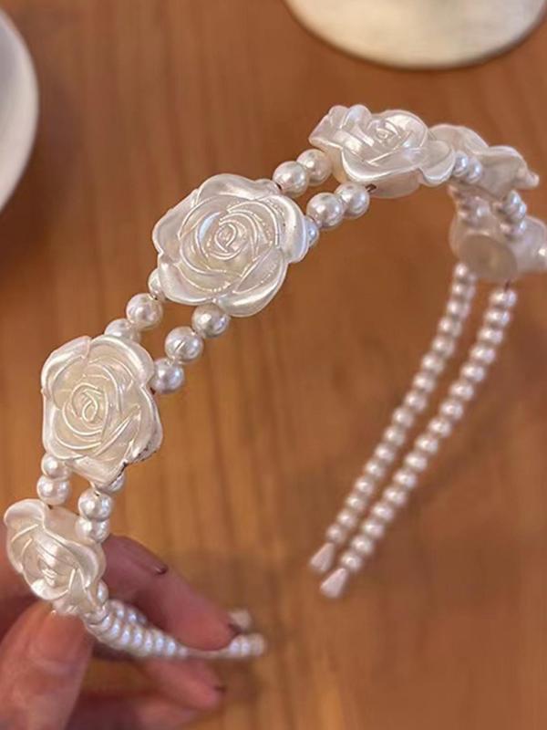 Faux Pearl Decorated Flower Design Headband, Elegant Bridal Headwear for Wedding Bridal Party Formal Occasions, Fashion Hair Accessories for Women