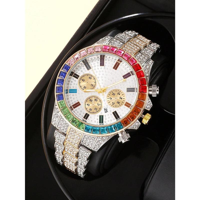 Men Rhinestone Decor Triple Dial Date Quartz Watch