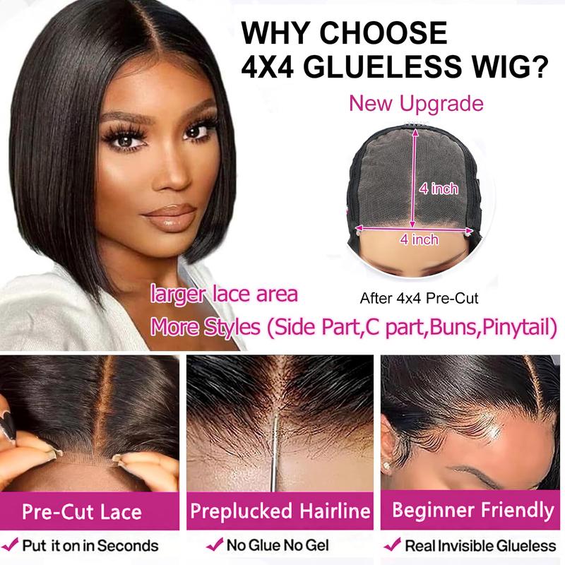 12 Inch Straight Glueless Bob Wig Wear And Go 4x4 Pre Cut Lace Closure Glueless Wig For Black Women Human Hair Easy To Install