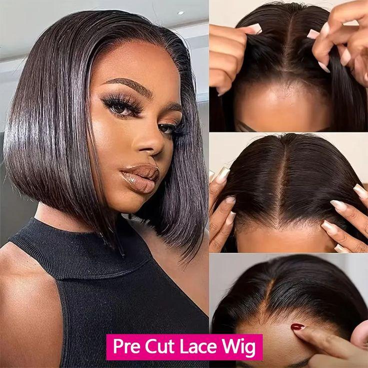 12 Inch Straight Glueless Bob Wig Wear And Go 4x4 Pre Cut Lace Closure Glueless Wig For Black Women Human Hair Easy To Install