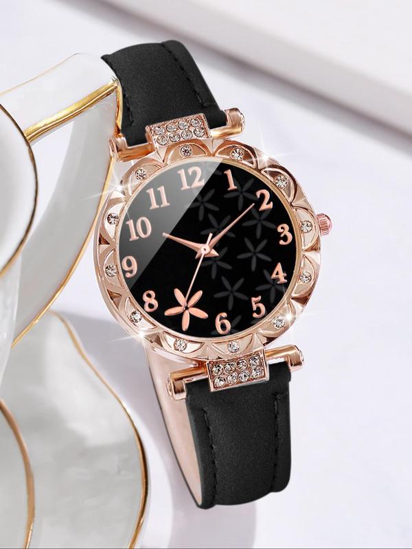 Women's Rhinestone Decor Round Dial Pu Leather Strap Quartz Watch, with Beaded & Link Bracelet Set, without Box, Fashion Watch Set for Party, Daily Clothing Decor