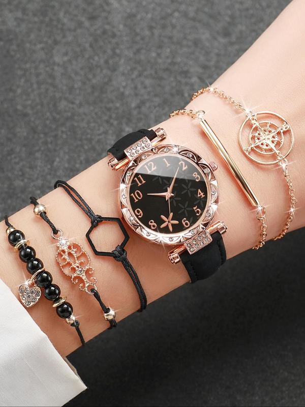 Women's Rhinestone Decor Round Dial Pu Leather Strap Quartz Watch, with Beaded & Link Bracelet Set, without Box, Fashion Watch Set for Party, Daily Clothing Decor