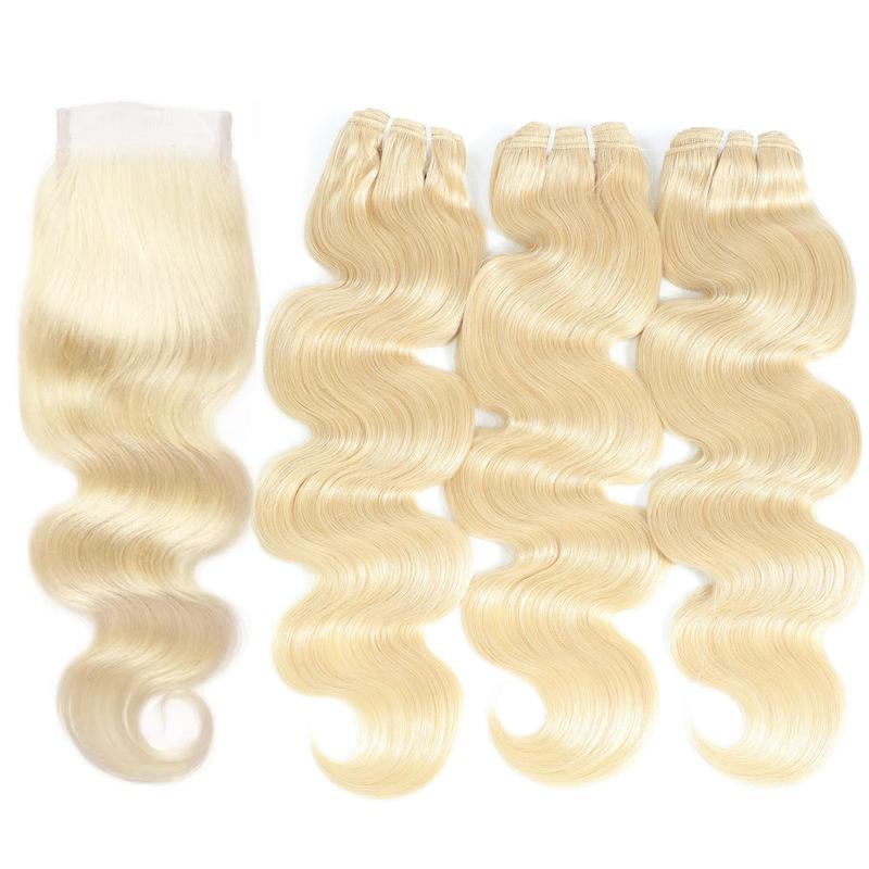 613 Blonde Bundles Human Hair 100% Unprocessed 12A Grade Brazilian Virgin  Body Wave Bundles,Bundles with Closure 4x4 Free Part HD Lace Closure