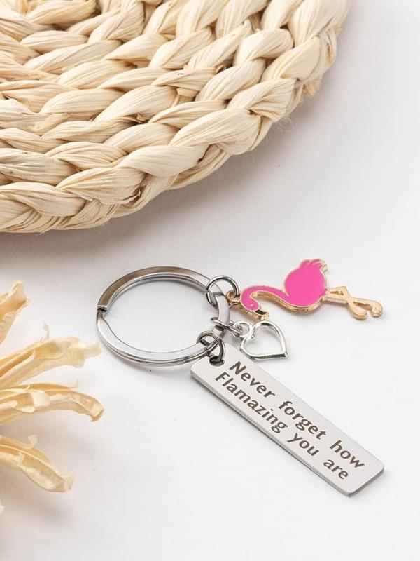 Fashionable Flamingo & Heart Design Keychain, Stainless Steel Keychain for Women & Men, Trendy All-match & Exquisite Keychain for Birthday Gift