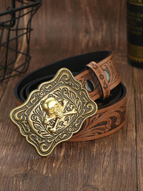 Men's Vintage Western Style Punk Buckle Belt, Fashion Ethnic Pattern PU Leather Belt for Party, Daily Clothing Decor, Trendy All-match & Exquisite Belt for Birthday Gift