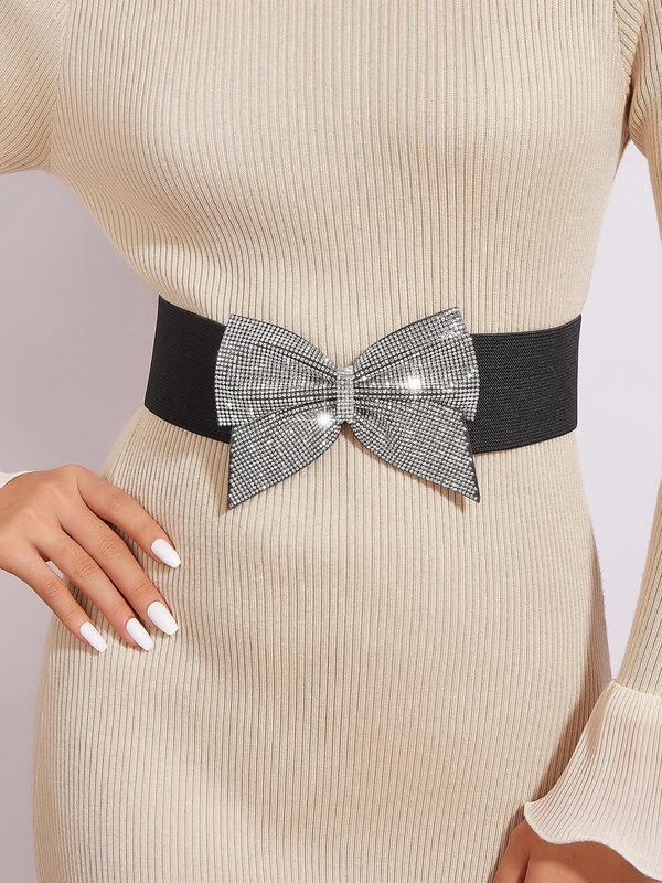 Women's Elegant Bow Decor Rhinestone Decorated Wide Belt, Fashionable Elastic Waistband for Casual Outfits