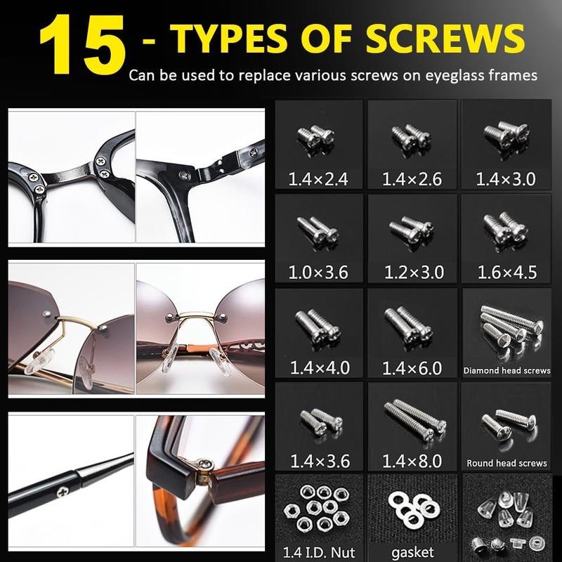 Eyeglass Repair Kit with Screws, 15 Types Screws for Eyeglasses - Frame Screws, Hinge Screws, Nose Pads Screws -  Eye Glasses Repairing Kit Tool