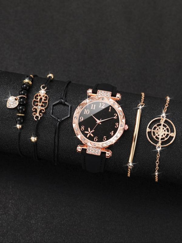 Women's Rhinestone Decor Round Dial Pu Leather Strap Quartz Watch, with Beaded & Link Bracelet Set, without Box, Fashion Watch Set for Party, Daily Clothing Decor