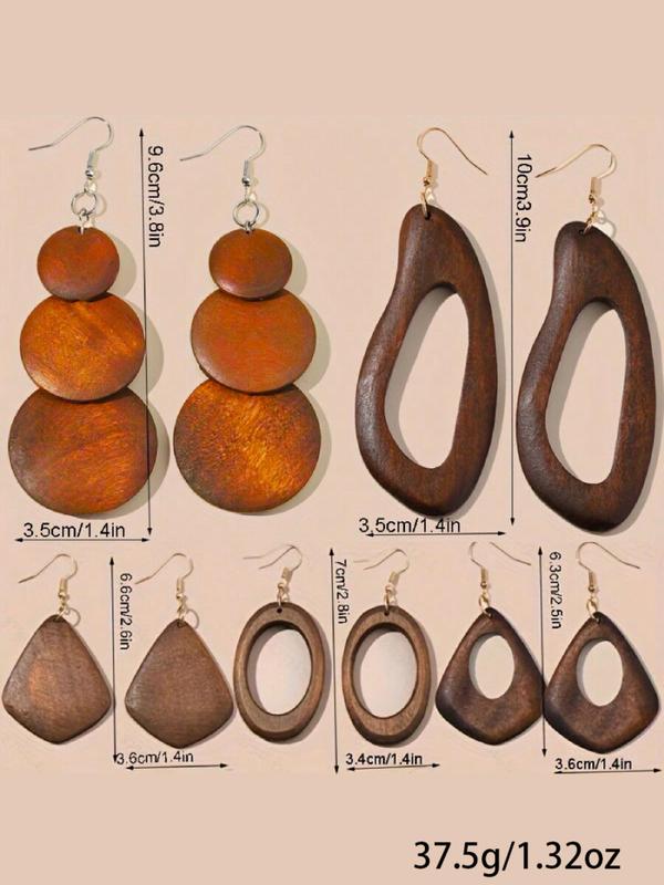 Wooden Dangle Earrings, Boho Style Hollow Out Geometric Design Earrings, Fashion Jewelry Accessories for Women & Girls