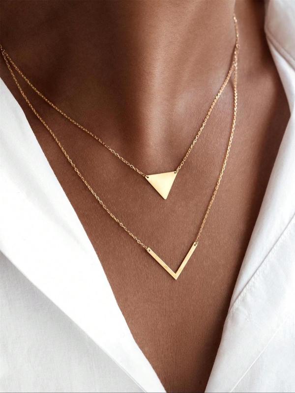 Women's Elegant Triangle & Letter V Design Layered Necklace, Exquisite Trendy Layered Necklace, Chic All-match Vintage Jewelry As Gift for Girlfriend