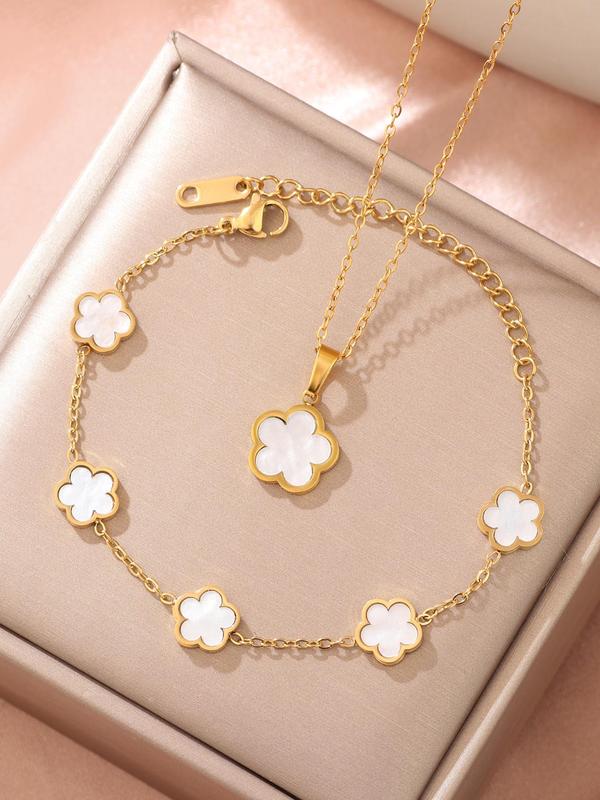 Women's Elegant Flower Design Jewelry Set, Including Necklace & Bracelet, Luxury Jewelry, Trendy All-match & Exquisite Jewelry for Birthday Gift for Back To School, 2024 Fall Jewelry