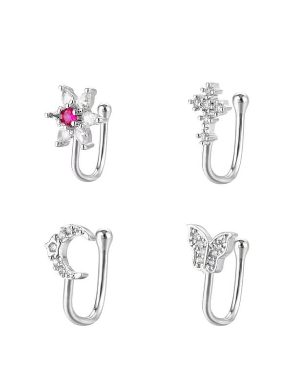 Fashion Rhinestone Decorated Nose Ring, Heart & Flower & Butterfly Design Nose Ring for Women, Body Jewelry for Party Decor, Trendy Exquisite Jewelry for Gift