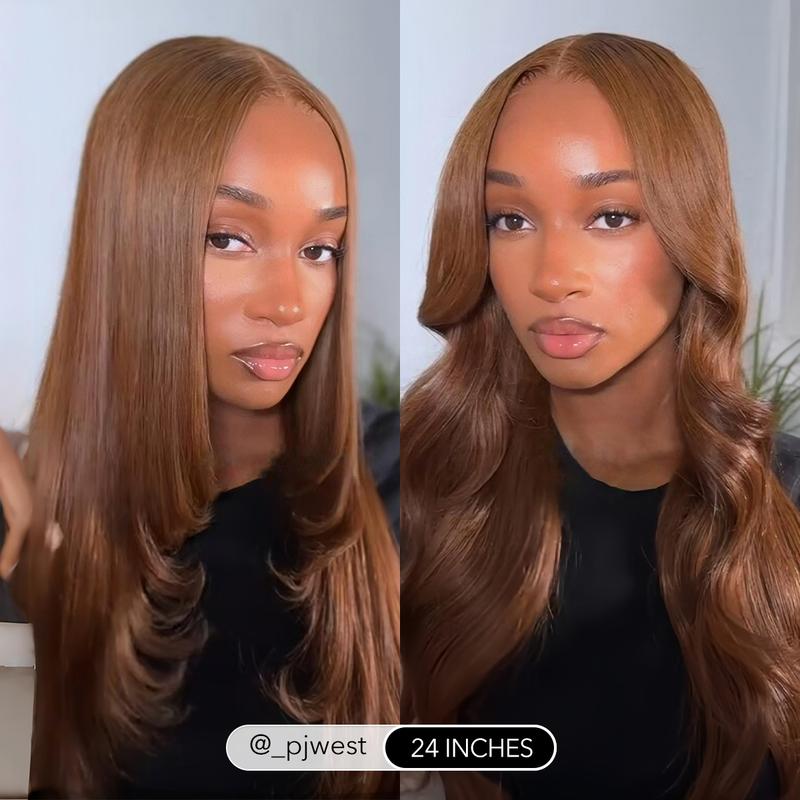 Wavymy Chestnut Brown Trendy Layered Cut Pre-plucked Wear Go 6x4 Glueless Pre-cut Lace Wigs Reddish Brown 180% Density Straight Wigs 100% Human Hair