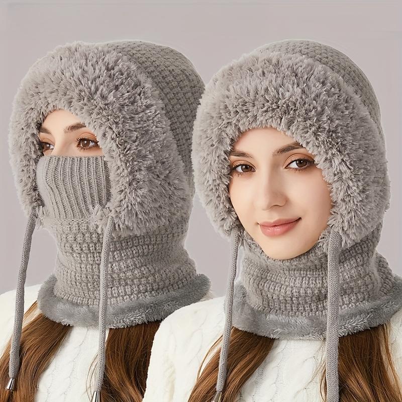 Ledaou 3 in 1 Women Knitted Woolen Cap Scarf Mask Suit Winter Warm Wool Lining Ear Cover Fluffy Ball Cap