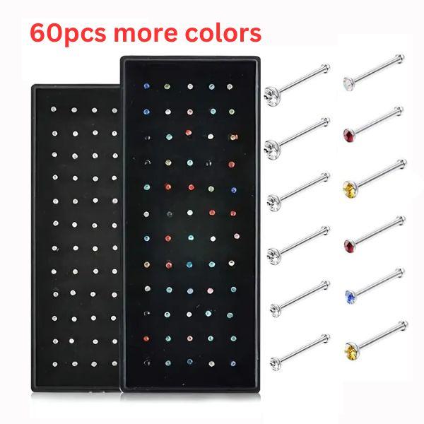 Rhinestone Decor Nose Studs, 60 Counts, Piercing Jewelry, Stainless Steel & Synthetic Zirconia Nose Ring, Unisex Nose Studs, Nose Piercing Jewelry for Men & Women, Piercing Jewelry for Party, Daily, Back to School, for Fall 2024, Nose Ring for Women