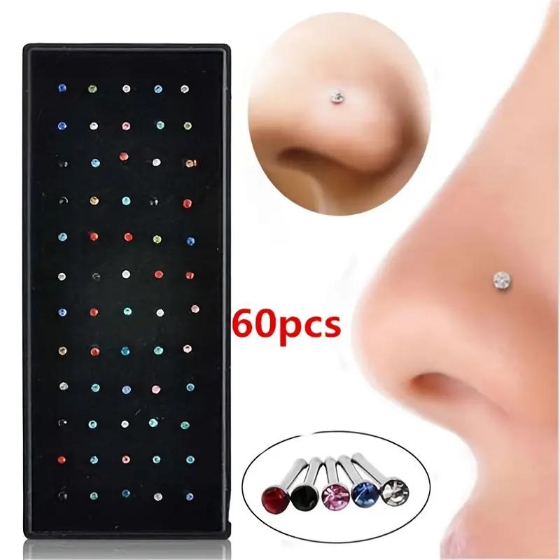 Rhinestone Decor Nose Studs, 60 Counts, Piercing Jewelry, Stainless Steel & Synthetic Zirconia Nose Ring, Unisex Nose Studs, Nose Piercing Jewelry for Men & Women, Piercing Jewelry for Party, Daily, Back to School, for Fall 2024, Nose Ring for Women