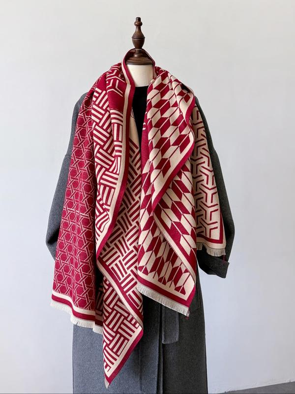 Geometric Pattern Double Sided Cashmere-like Scarf, Elegant Colorblock Shawl for Women, Fashion Accessories for Daily Wear