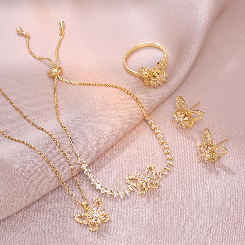 Jewelry Set, Necklace + Earrings + Ring + Bracelet, Women's Necklace, Fashion, Butterfly Four-Piece Set, Rotating Earring Ring Necklace, Clavicle Chain