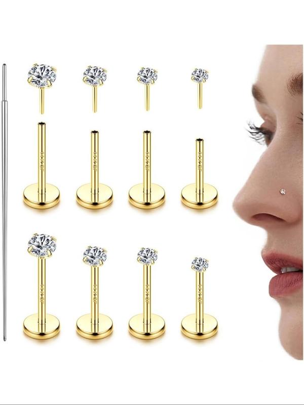 Rhinestone Decor Nose Studs, Stainless Steel Nose Rings, Body Jewelry for Women & Men, Hypoallergenic Piercing Jewelry