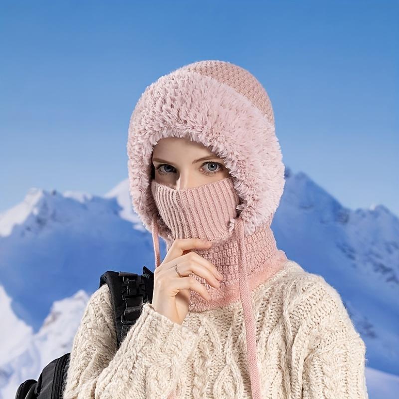 Ledaou 3 in 1 Women Knitted Woolen Cap Scarf Mask Suit Winter Warm Wool Lining Ear Cover Fluffy Ball Cap