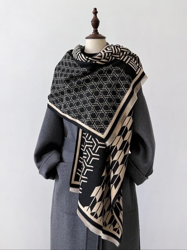 Geometric Pattern Double Sided Cashmere-like Scarf, Elegant Colorblock Shawl for Women, Fashion Accessories for Daily Wear