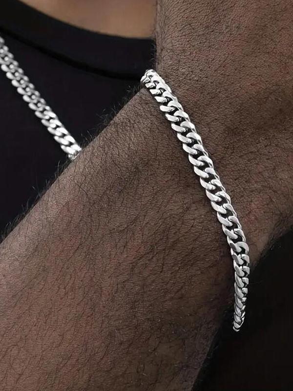 Men's Simple Style Plain Color Cuban Link Chain Bracelet & Necklace, Fashion Jewelry for Party & Daily Clothing Decor, Trendy All-match & Exquisite Jewelry for Birthday Gift