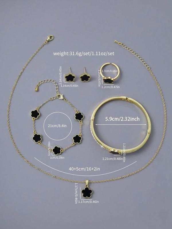 Women's Elegant Flower Design Trendy Exquisite Pendant Necklace & Bracelet & Bangle & Ring & Stud Earrings, Chic Jewelry Set As Gift for Girlfriend