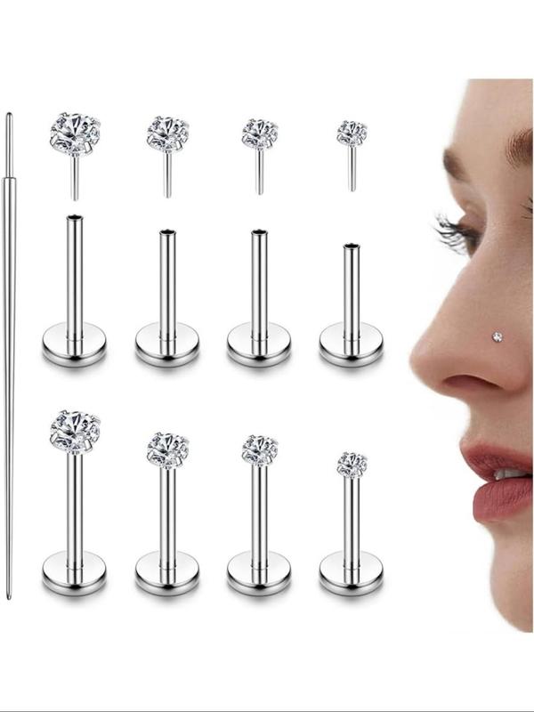 Rhinestone Decor Nose Studs, Stainless Steel Nose Rings, Body Jewelry for Women & Men, Hypoallergenic Piercing Jewelry