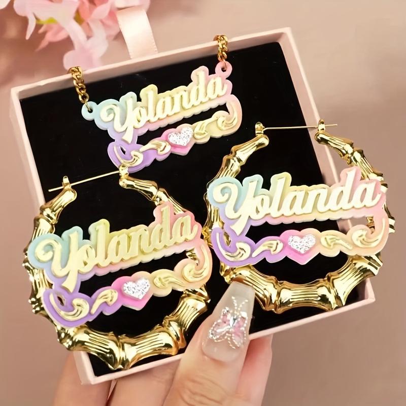 Custom Name Acrylic Ring Earrings Necklace Suit-Elegant and Cute Style, Bamboo Design Personalized Letter Pendant, Y2g Gradient Color, DIY round Jewelry, Suitable for Gifts, Parties-No Plating, Suitable for All Seasons