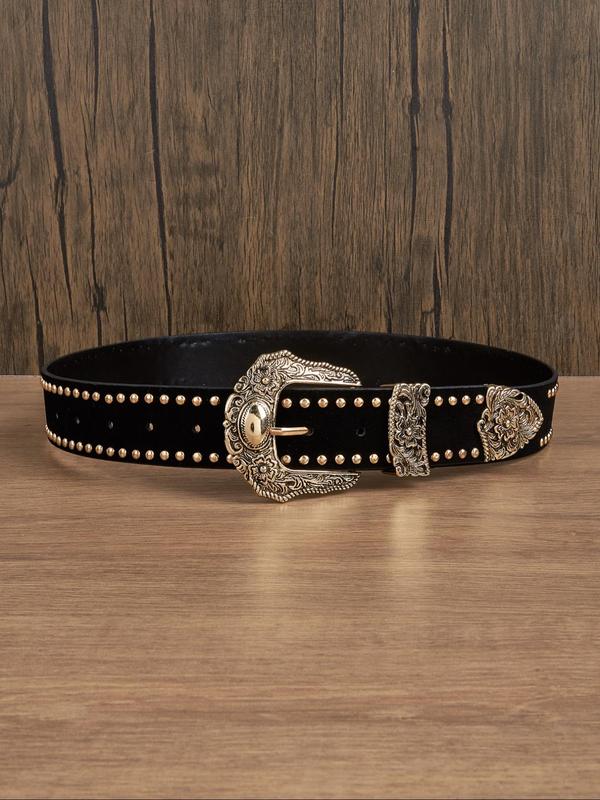 Women's Vintage Rivet & Flower Decor Western Belt, Fashionable Synthetic Leather Belt for Daily Clothing Decor, Trendy All-match & Exquisite Belt for Birthday Gift