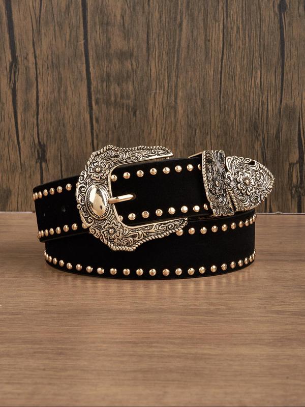 Women's Vintage Rivet & Flower Decor Western Belt, Fashionable Synthetic Leather Belt for Daily Clothing Decor, Trendy All-match & Exquisite Belt for Birthday Gift